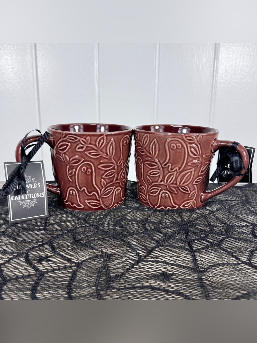 NEW Cobwebs & Cauldrons Ghosts and Leaves Halloween Mugs